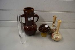 Mixed Lot: Two late 19th Century opaque glass stem vases, a wood double handled vase a mushroom