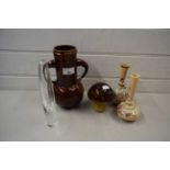 Mixed Lot: Two late 19th Century opaque glass stem vases, a wood double handled vase a mushroom