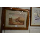 Continental school study of a village scene, watercolour, set in a maple veneered frame