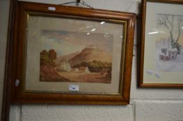 Continental school study of a village scene, watercolour, set in a maple veneered frame