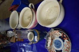 Mixed Lot: Coffee grinder, chamber pots, assorted glass wares, Imari plates etc