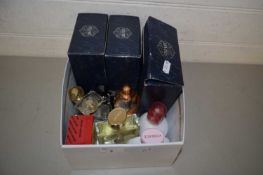 Box of various assorted perfume bottles, Stuart crystal sherry glasses etc
