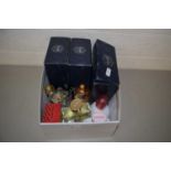 Box of various assorted perfume bottles, Stuart crystal sherry glasses etc