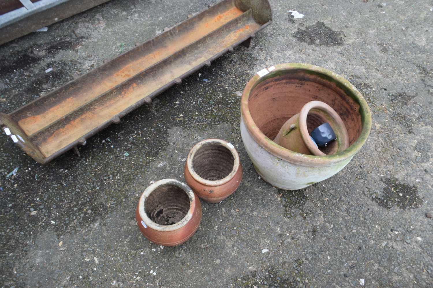 Large terracotta plant pot plus pair of smaller salt glazed plant pots and others