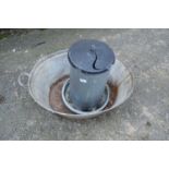 Poultry feeder and a galvanised bath (a/f)