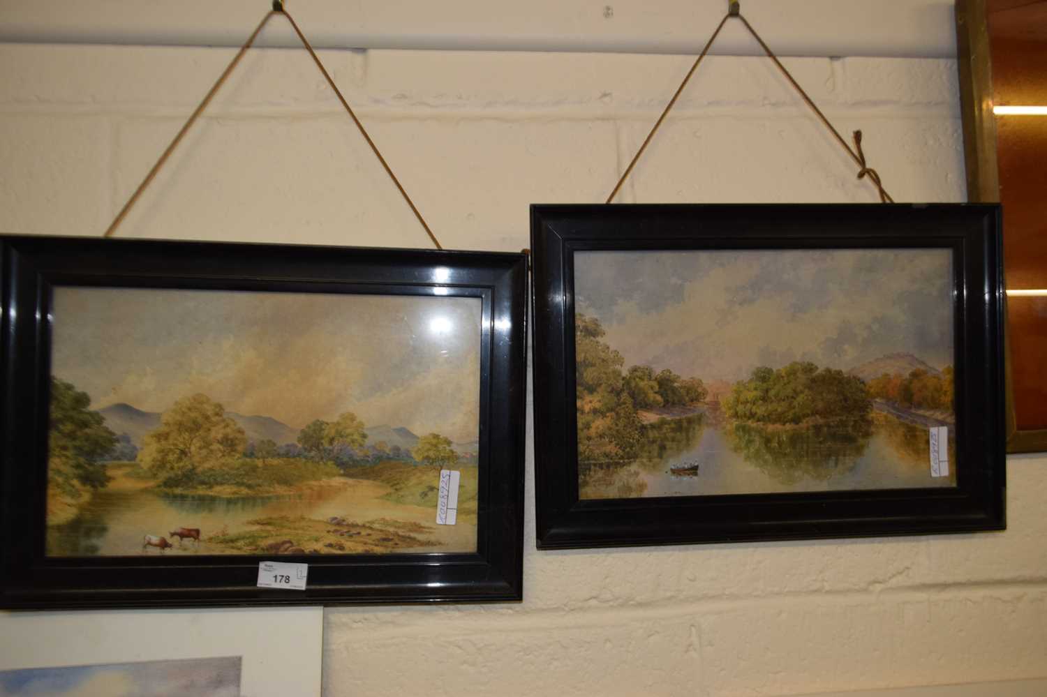 Pair of studies or river landscapes set in ebonised frames