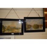 Pair of studies or river landscapes set in ebonised frames