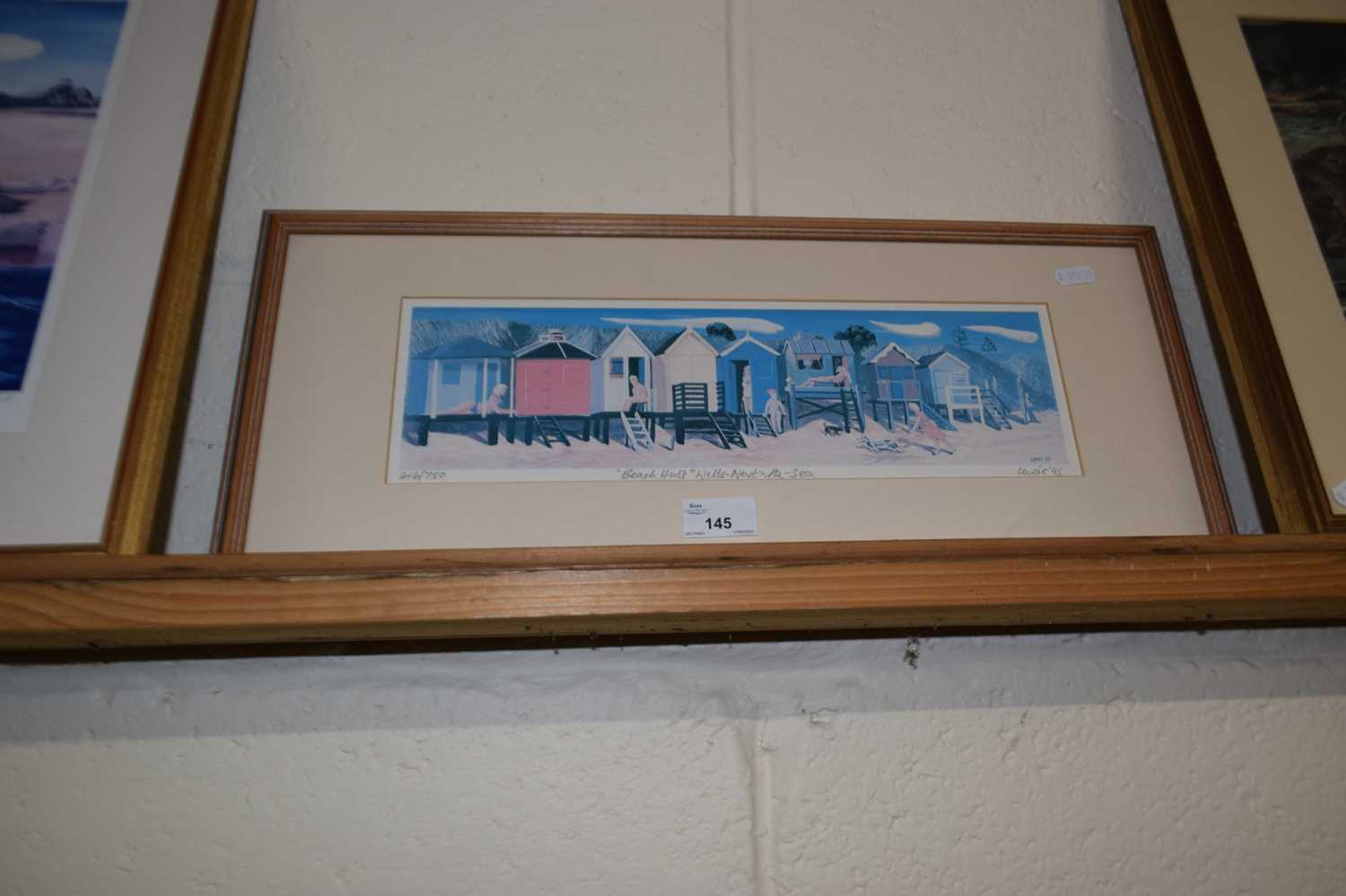 Brian Lewis Beach Huts, Wells next the Sea, coloured print, framed and glazed