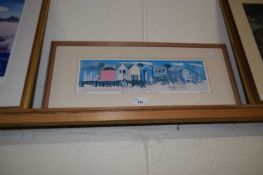 Brian Lewis Beach Huts, Wells next the Sea, coloured print, framed and glazed