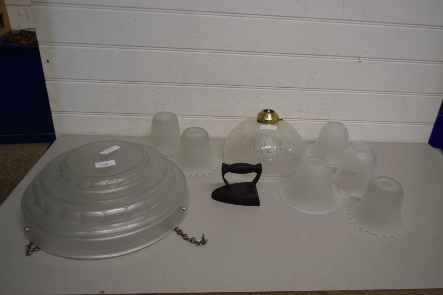 Mixed Lot: Various frosted glass light shades and a flat iron
