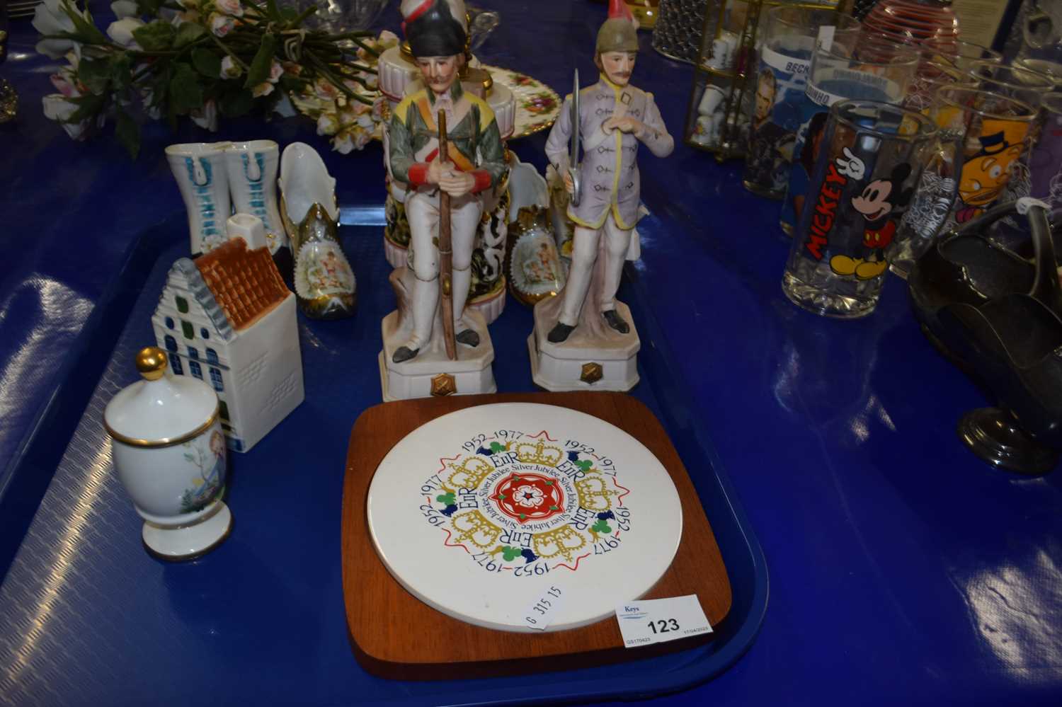 Mixed Lot: Old Country Rose pattern wall clock, various figurines, porcelain shoes, porcelain