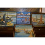 K Corroue, group of four contemporary studies of fishing scenes and boats, oil on canvas/oil on