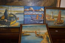K Corroue, group of four contemporary studies of fishing scenes and boats, oil on canvas/oil on