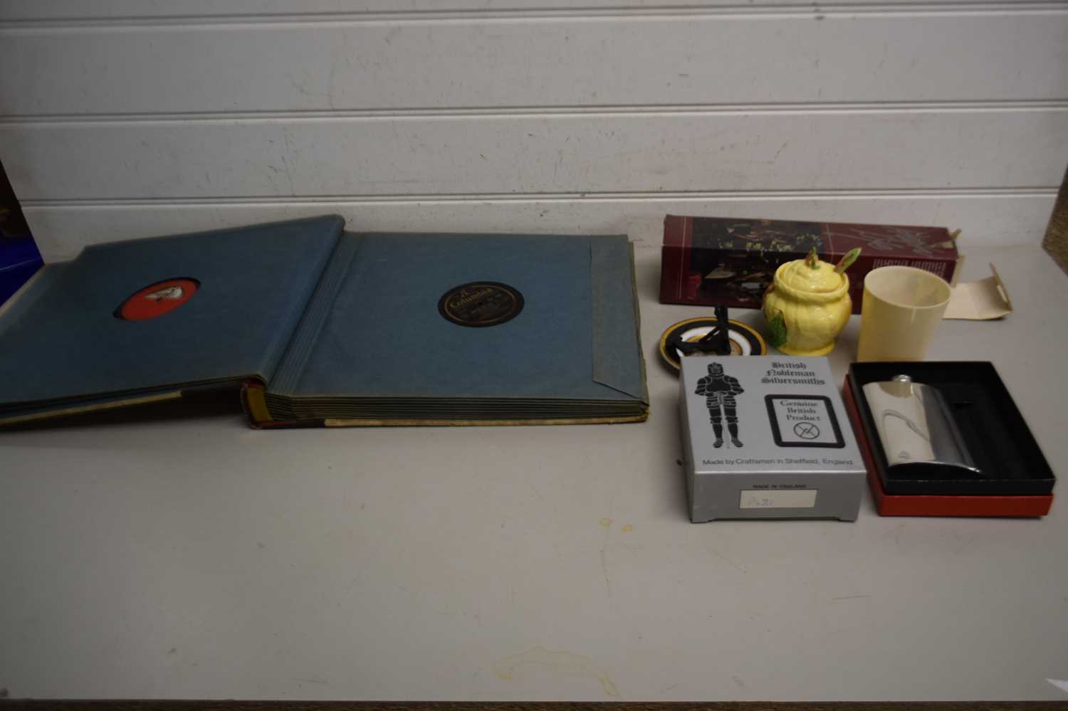 Mixed Lot: Case 78 rpm records, boxed Holmegaard vase, cased pewter hip flask and other assorted