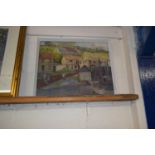 Contemporary school study of a rural harbour scene, oil on canvas, framed