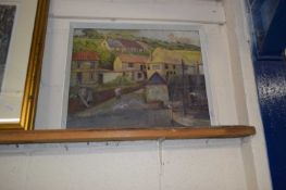 Contemporary school study of a rural harbour scene, oil on canvas, framed
