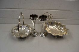 A pair of silver plated vases and two further dishes