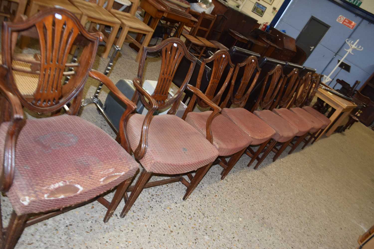 Set of eight mahogany shield back dining chairs for reupholstery