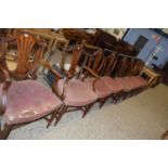 Set of eight mahogany shield back dining chairs for reupholstery