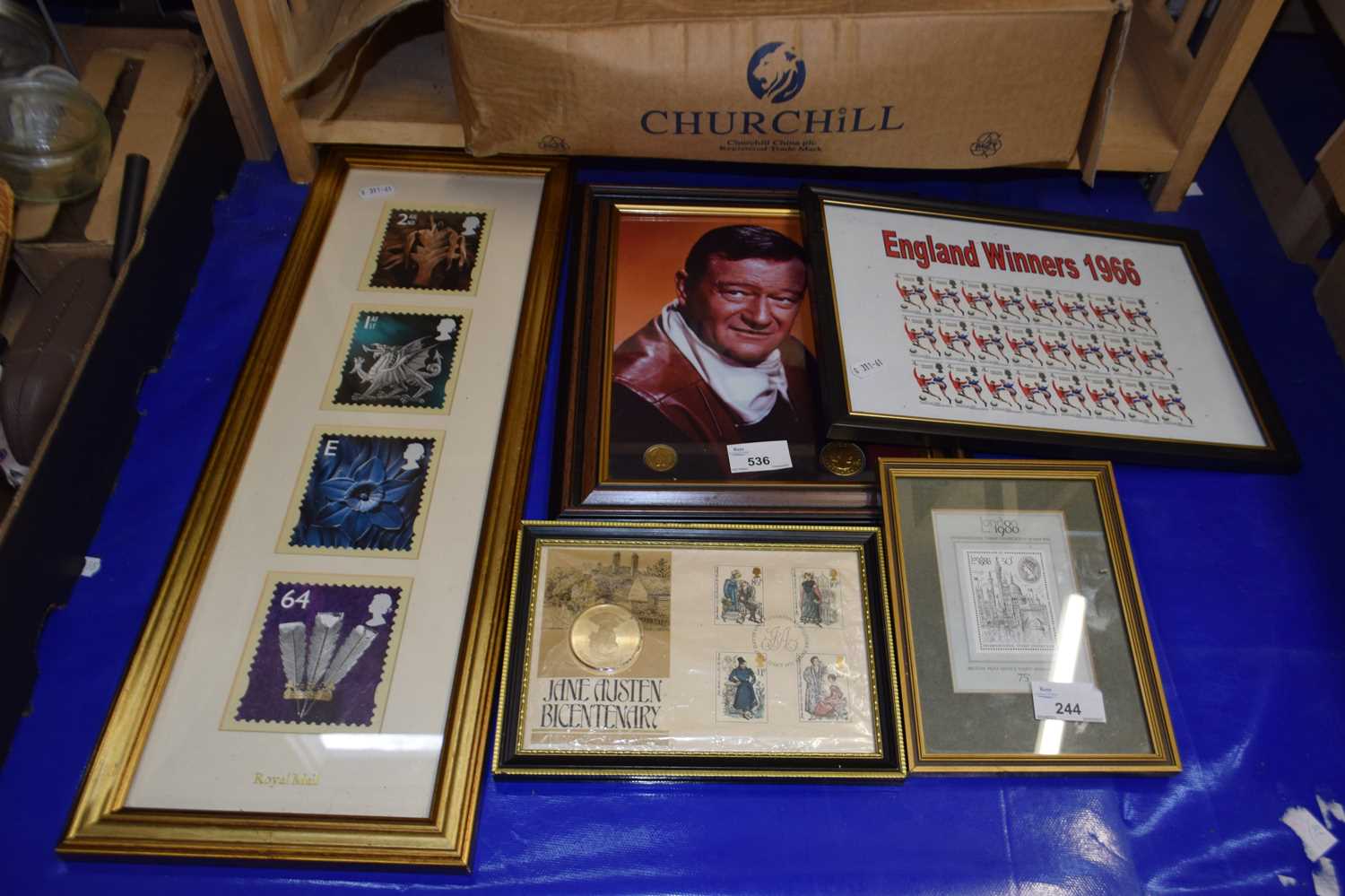 Quantity of commemoratives to include stamps, coins etc, framed