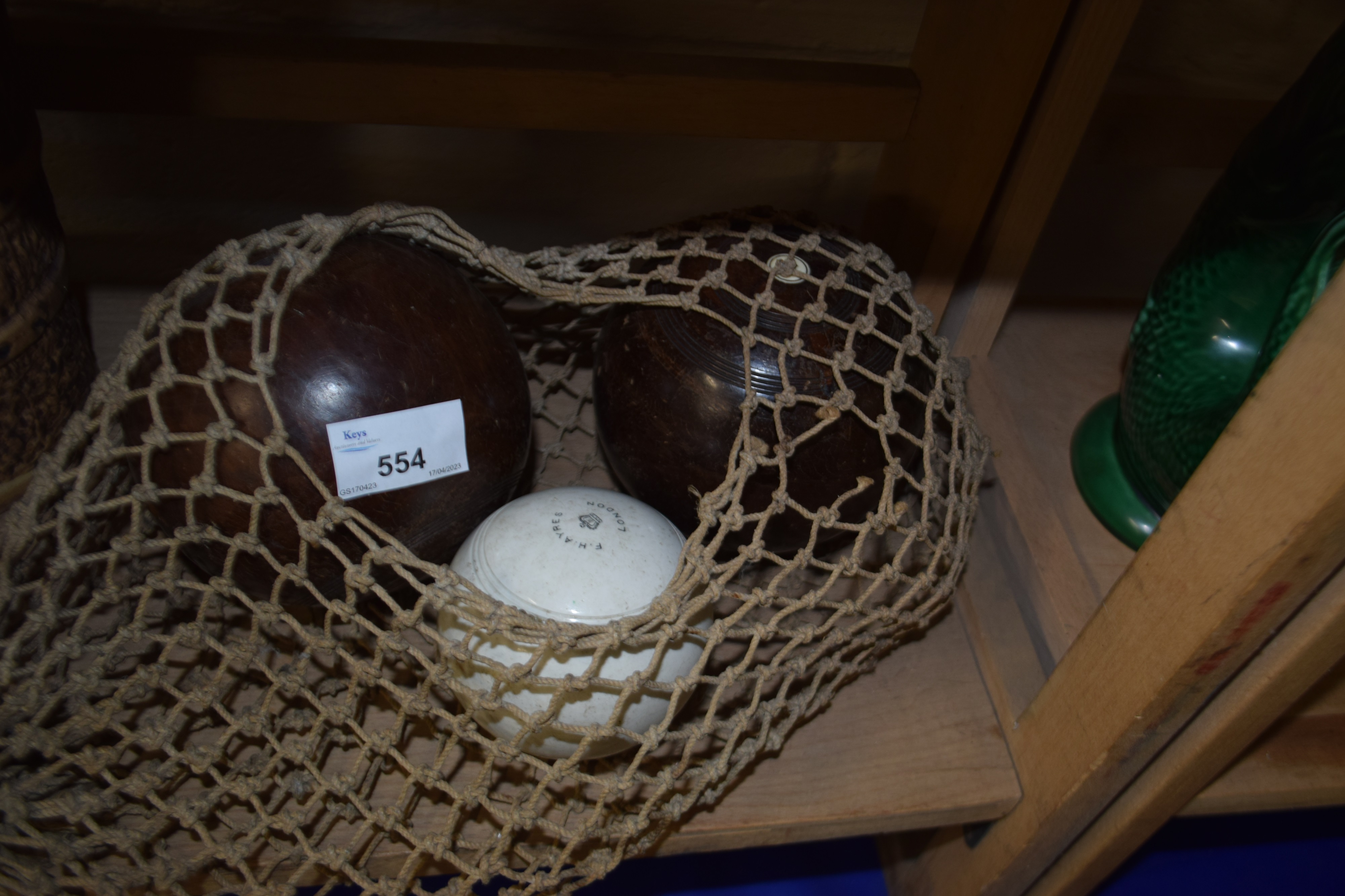Mixed Lot: Vintage lawn bowls and ceramic marker ball marked F H Ayres, London - Image 2 of 2
