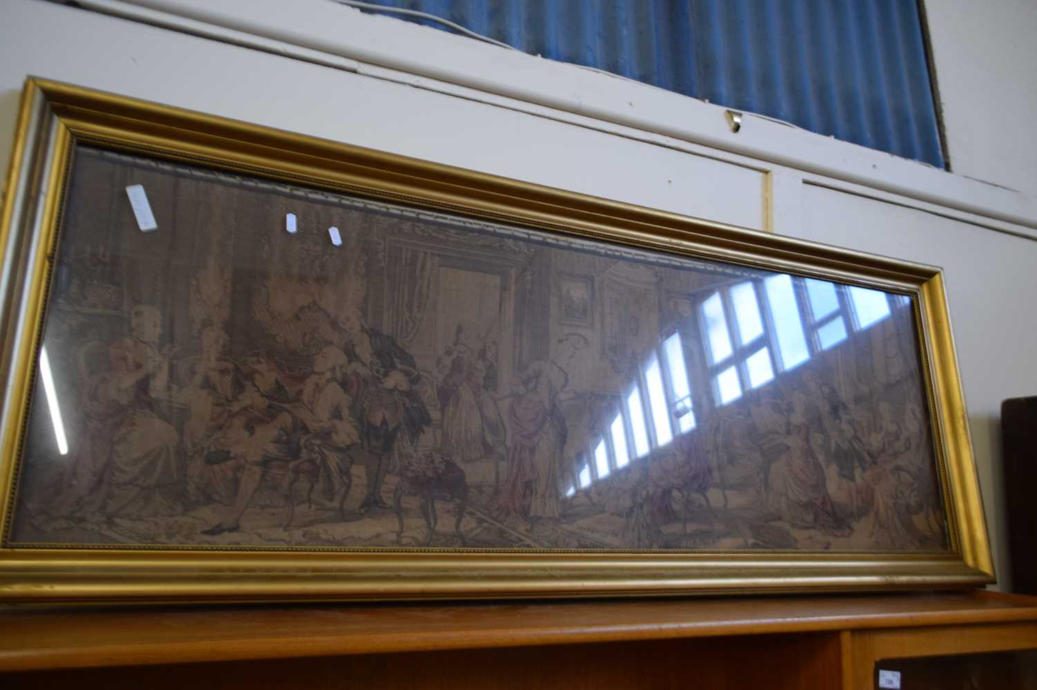 20th Century needlework picture of a grand interior scene, gilt framed