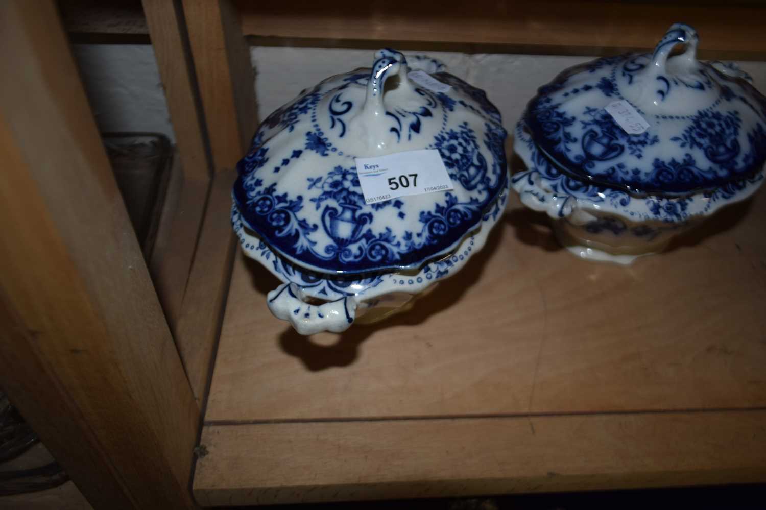 Pair of blue and white transfer decorated sauce terrines and covers