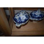 Pair of blue and white transfer decorated sauce terrines and covers