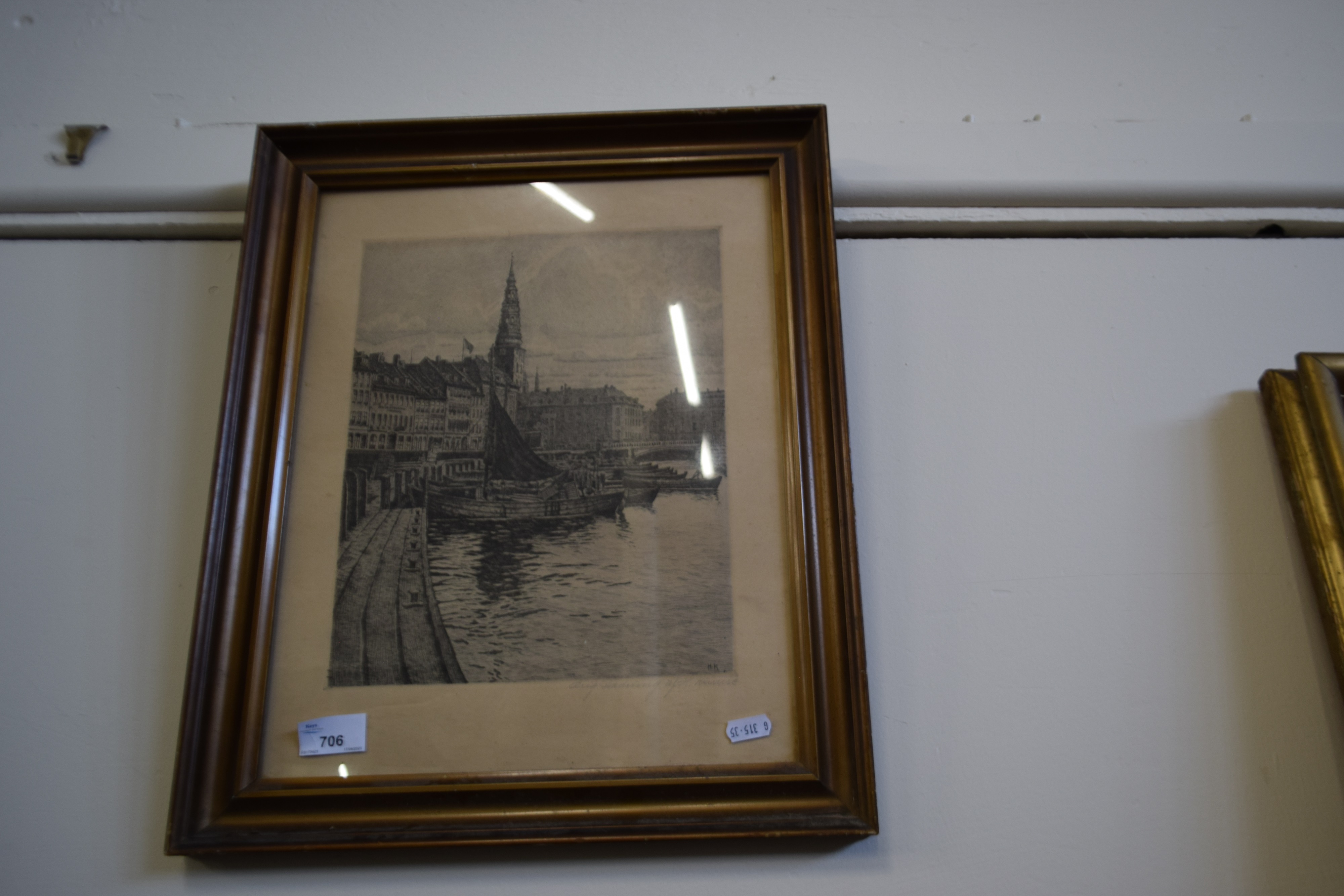 Black and white etching of a harbour scene, indistinctly signed in pencil - Image 2 of 2