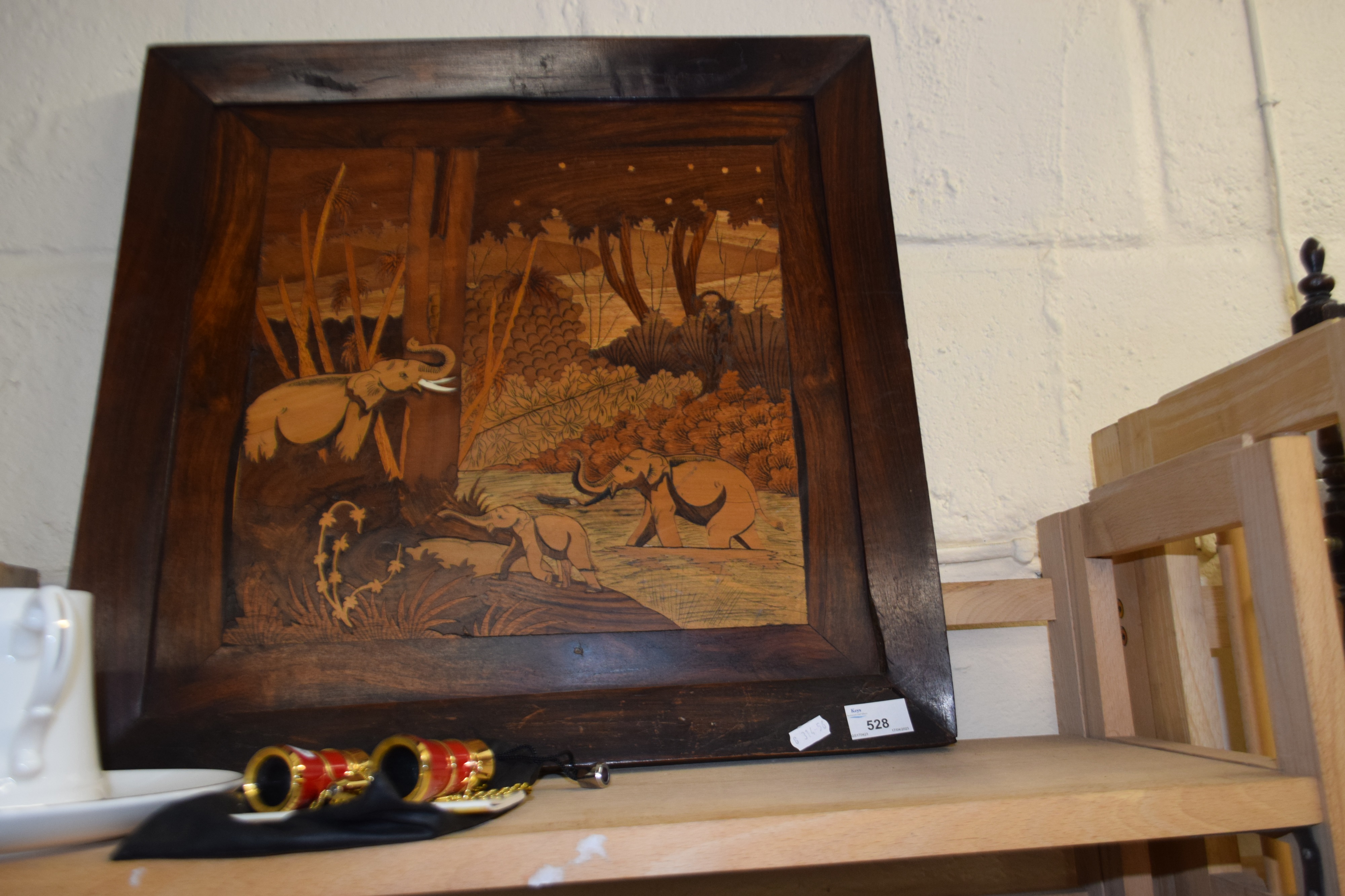 An inlaid wooden picture of elephants in a landscape - Image 2 of 2