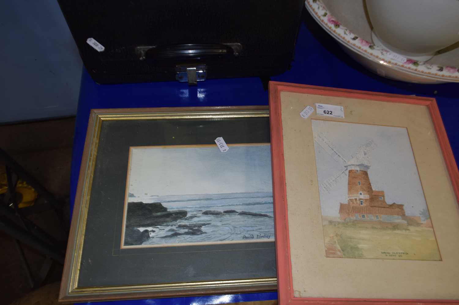 Windmill by David Plested, 9th Sept 84, watercolour, framed and glazed together with a seascape by