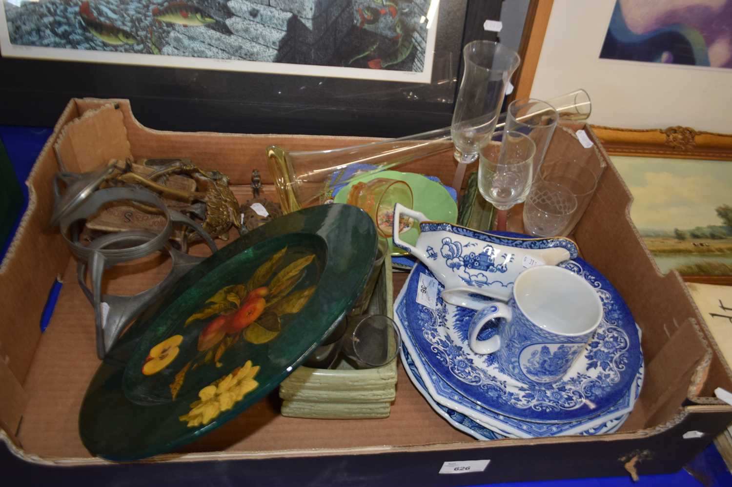 Mixed Lot: Blue and white china, glass ware,brass figures etc