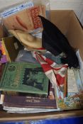 One box of various assorted vintage magazines, ephemera, University mortar board hat and other
