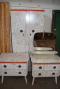 Retro marble effect melamine finish bedroom suite comprising small two door wardrobe, dressing chest
