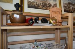 Mixed Lot: Various assorted ornaments, small copper pot, miniature wooden wall cabinet etc