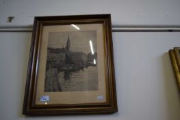 Black and white etching of a harbour scene, indistinctly signed in pencil