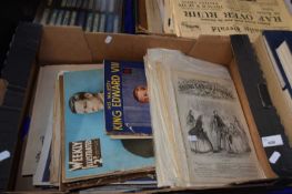 Box of assorted ephemera to include newspapers, royal commemorative magazines, weekly illustrated