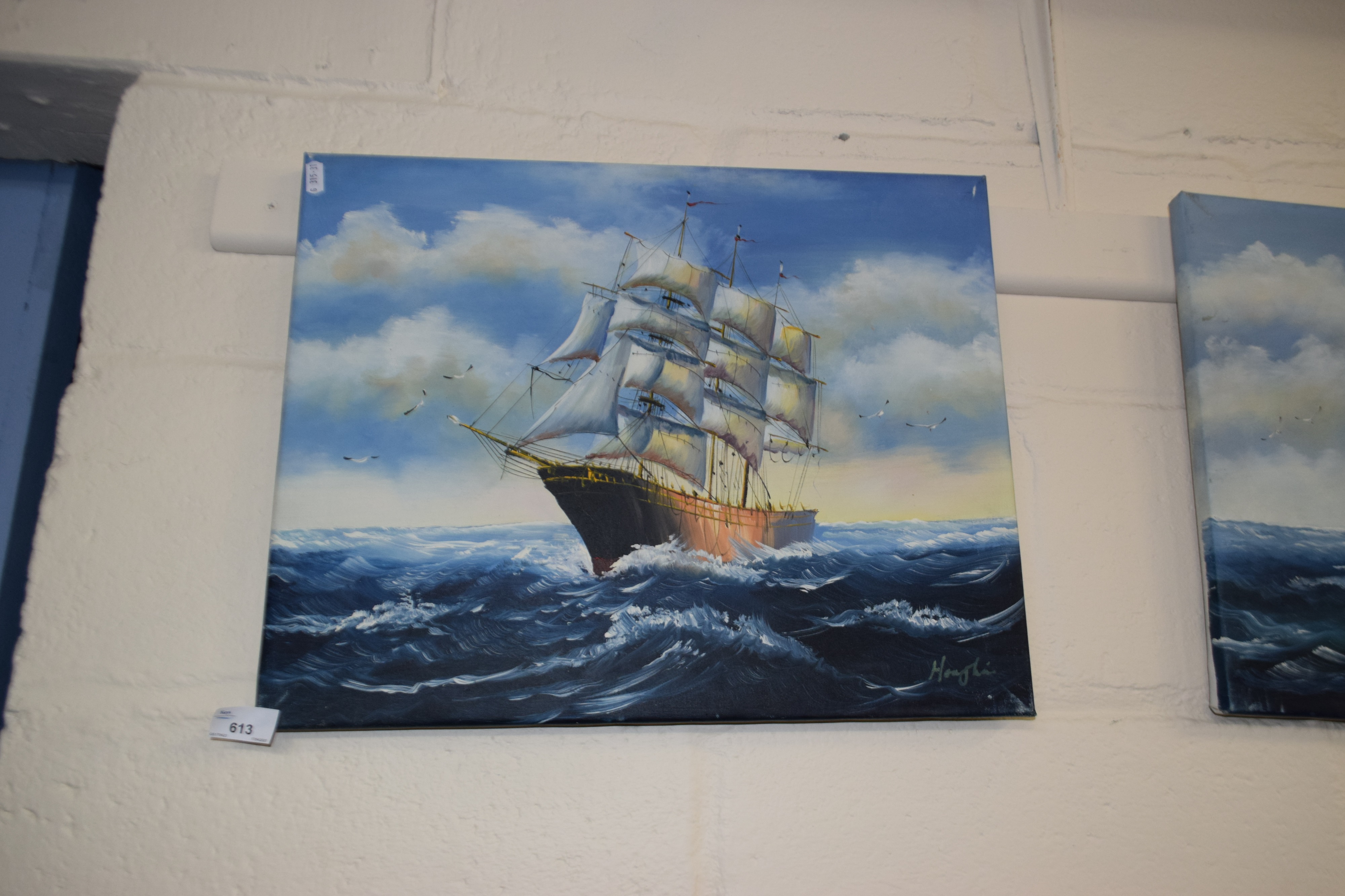 Clipper at Sea, signed Horton, oil on canvas, unframed - Image 2 of 2