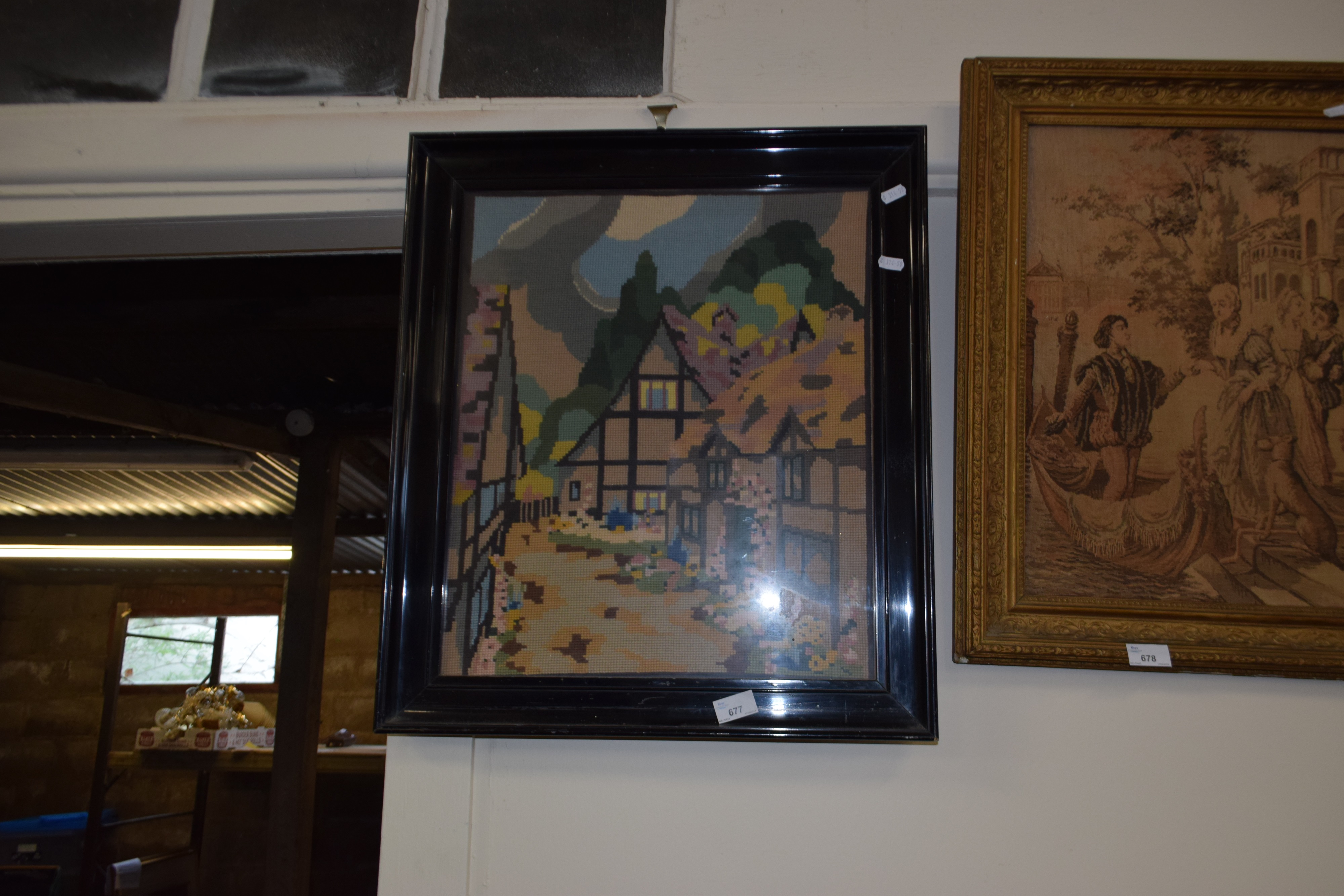 Needlework picture of cottages, framed and glazed - Image 2 of 2