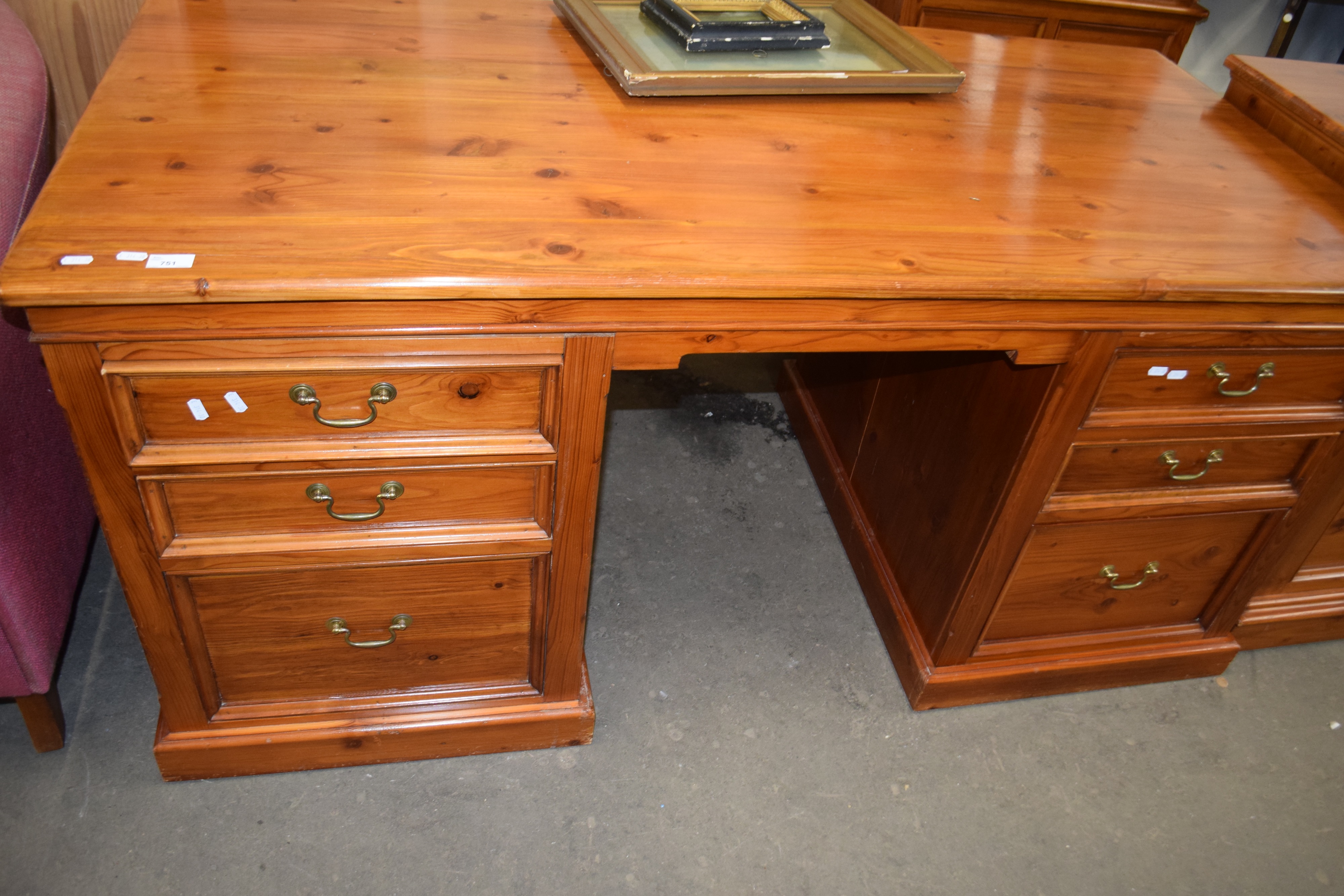 Modern pine twin pedestal office desk, 161cm wide