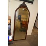 Mahogany arched frame wall mirror with fret carved top