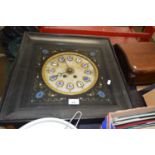 Wall clock with enamelled numerals, gilt surround, glazed and framed in black box