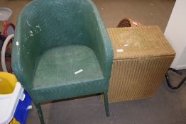 Gold painted Lloyd Loom style linen basket and a similar green chair (2)