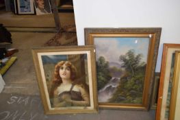 Waterfall study together with a Pears Soap style portrait of a lady, both framed