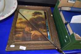 Oil on canvas of cattle at a watering hole, framed together with another picture and a violin bow