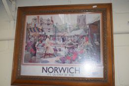 Reproduction railway advertising poster "Norwich It's Quicker by Rail", framed and glazed
