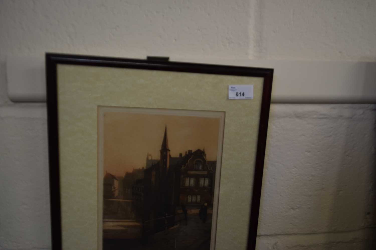 Coloured engraving of Bruges, framed and glazed