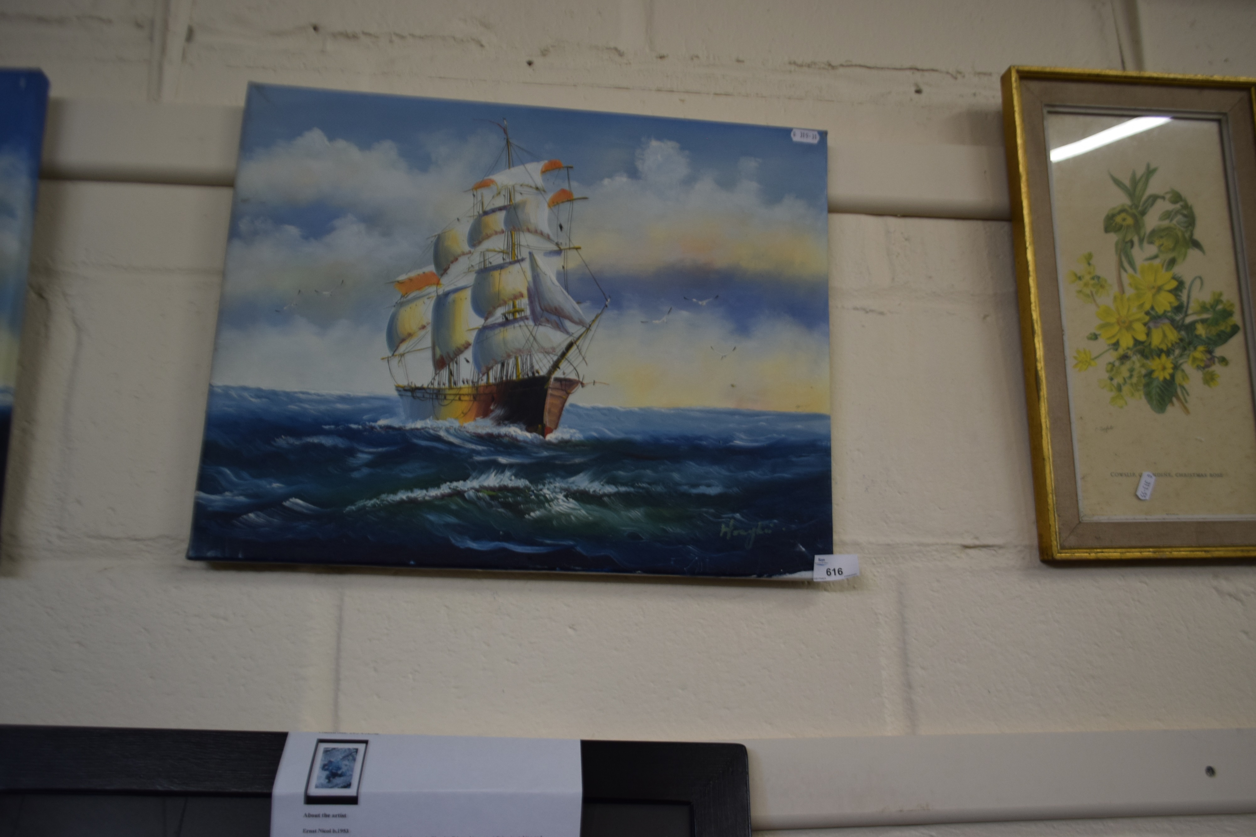 Clipper at Sea signed Horton, oil on canvas, unframed - Image 2 of 2