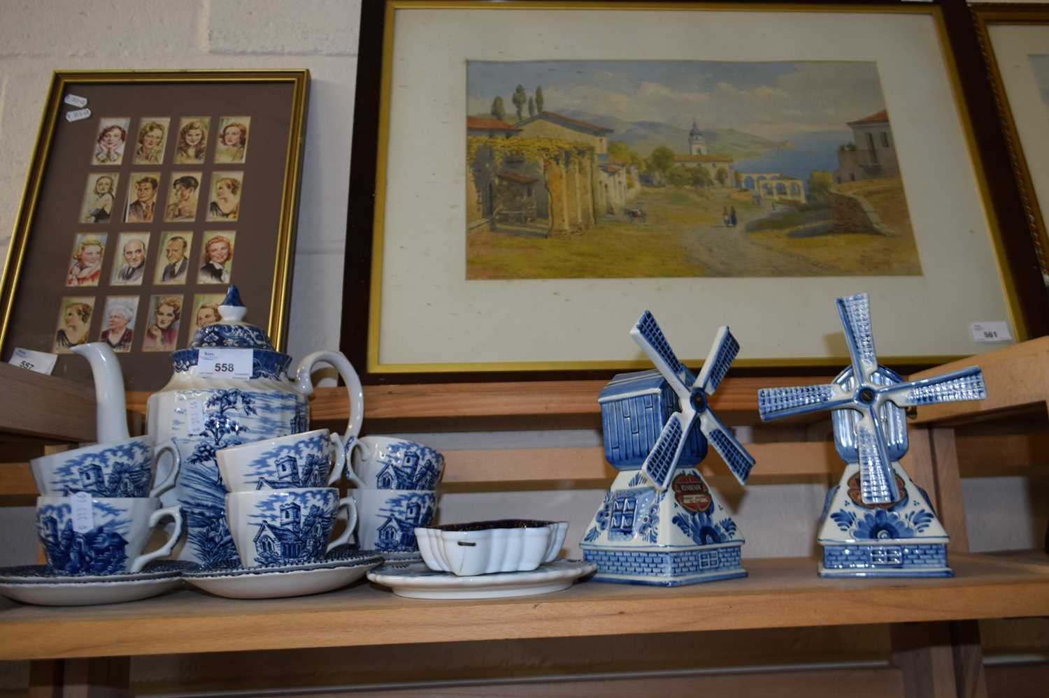 Blue and white coffee pot and six cups and saucers