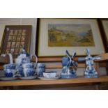 Blue and white coffee pot and six cups and saucers